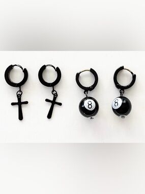 Black Hoop Earrings with Cross and 8-Ball Charms 2 Pair Goth Emo Earrings